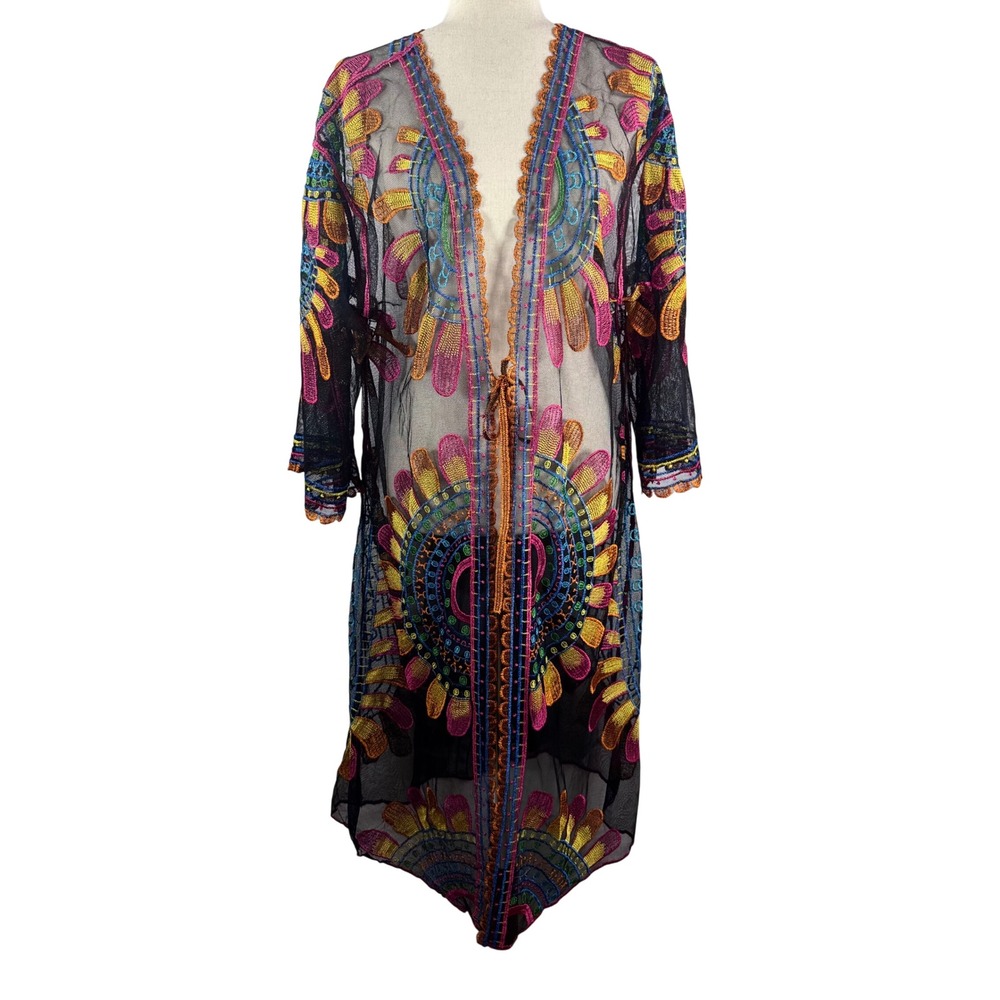 Rachel Zoe boho floral embroidered Mesh Duster Cardigan sz OS kimono whimsigoth